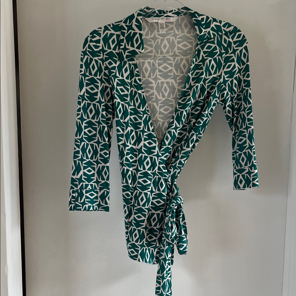 Diane Von Furstenberg Vintage Green and White Wrap Jill Top